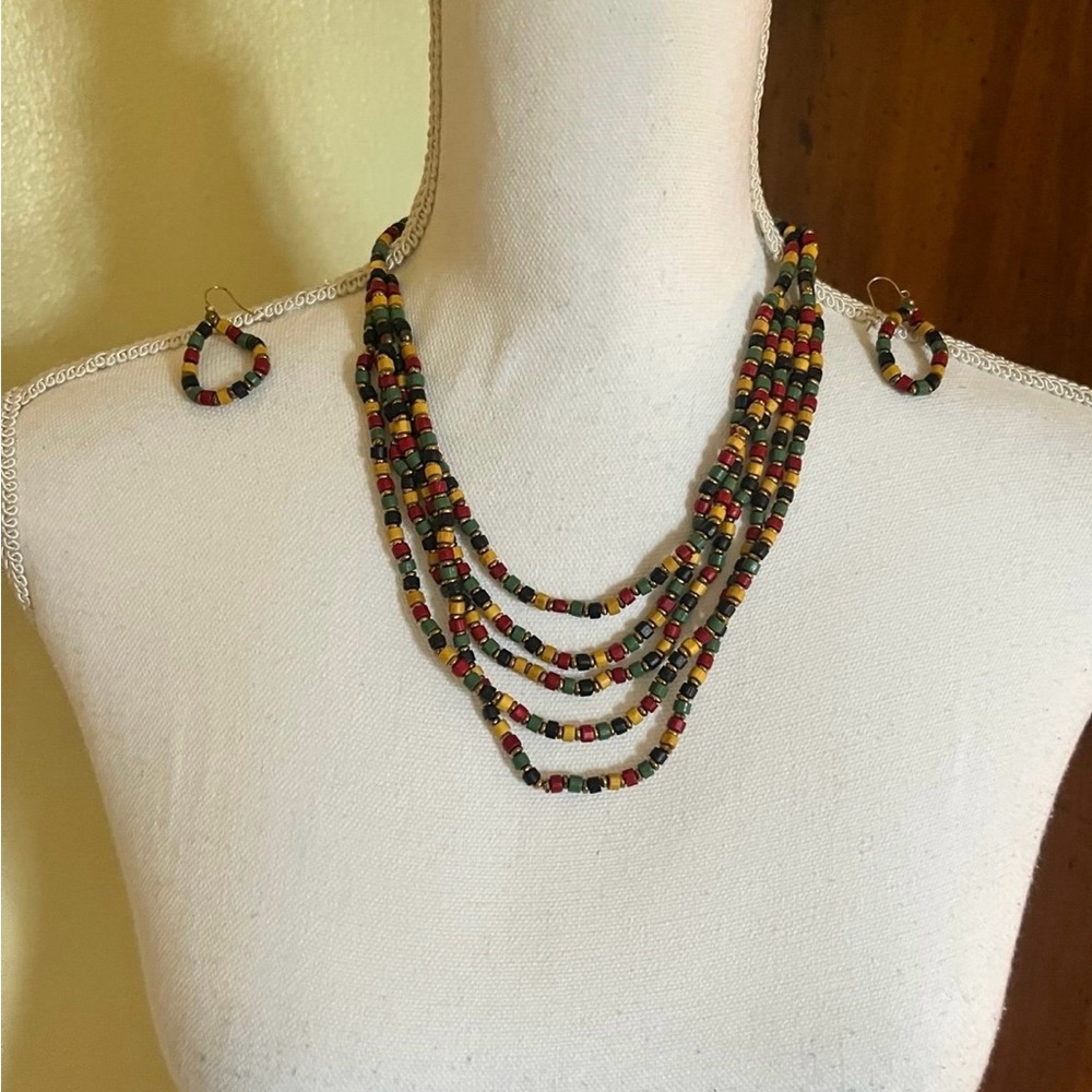 Wooden Bead Statement Necklace & Earrings Set